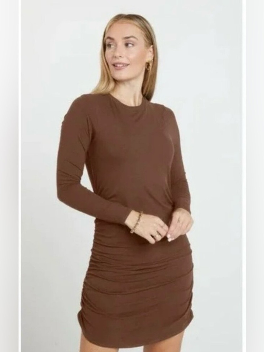 Shebird Aspen Shapwear Dress 4 Ruched Long Sleeves Ribbed Downtown Brown Fitted